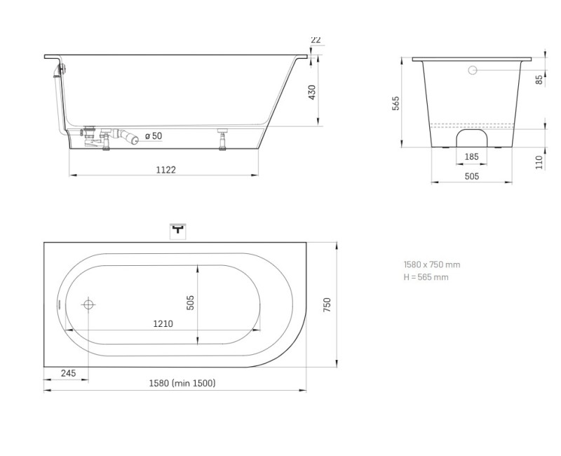 Ванна Paa VARIO M Каменная масса с закругленным углом B 1580x750мм Белая