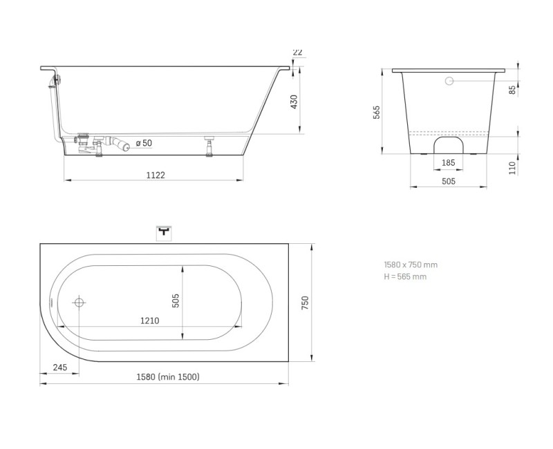 Ванна Paa VARIO M Каменная масса с закругленным углом C 1580x750мм Белая