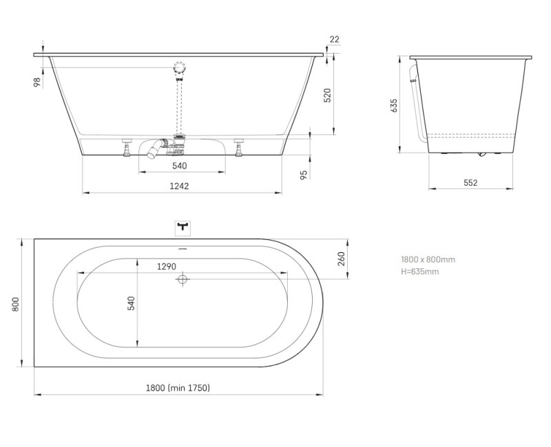 Vanna Paa VARIO XL Akmans masas ar 2 noapaļotiem stūriem CD 1800x800mm Balta