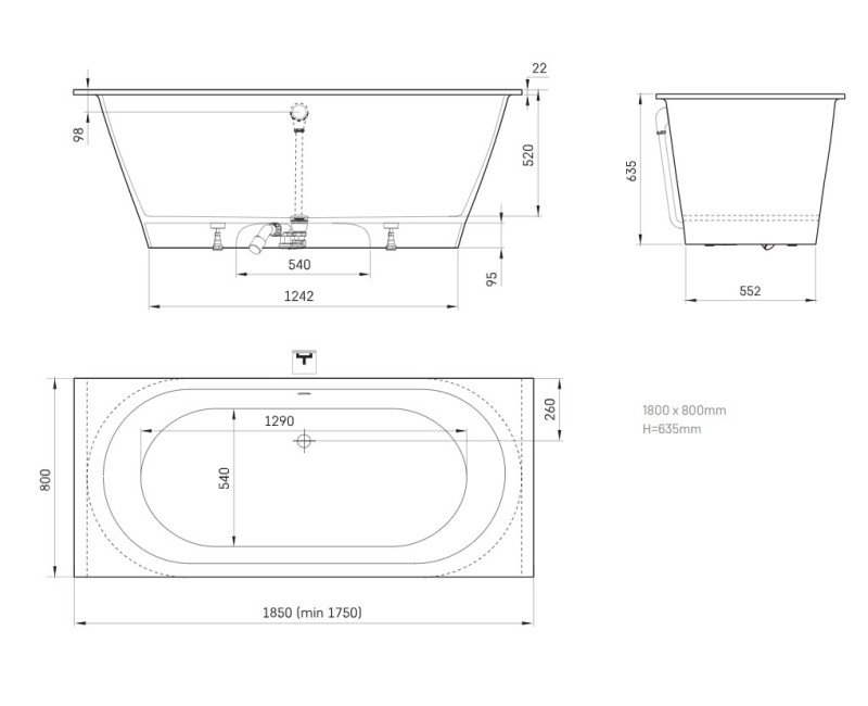 Ванна Paa VARIO XL Akmans masa с закругленным углом D 1800x800MM Белая