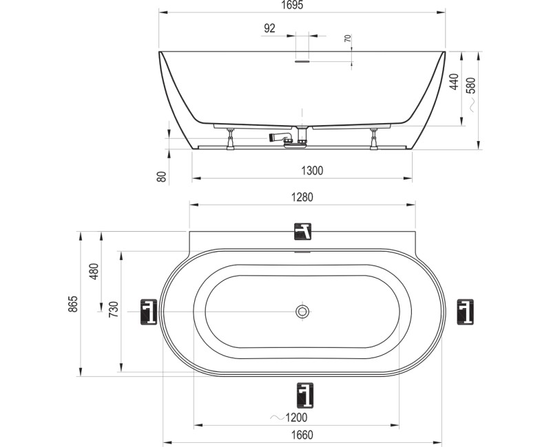 Vanna Ravak FREEDOM W II TEC 1700x870mm Balta / Melna / Melna izplūde