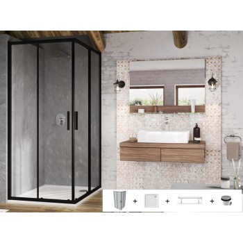 Dušas kabīnes komplekts RAVAK SET11 BLSRV2-90 Caurspīdīgs stikls, Melns Profili