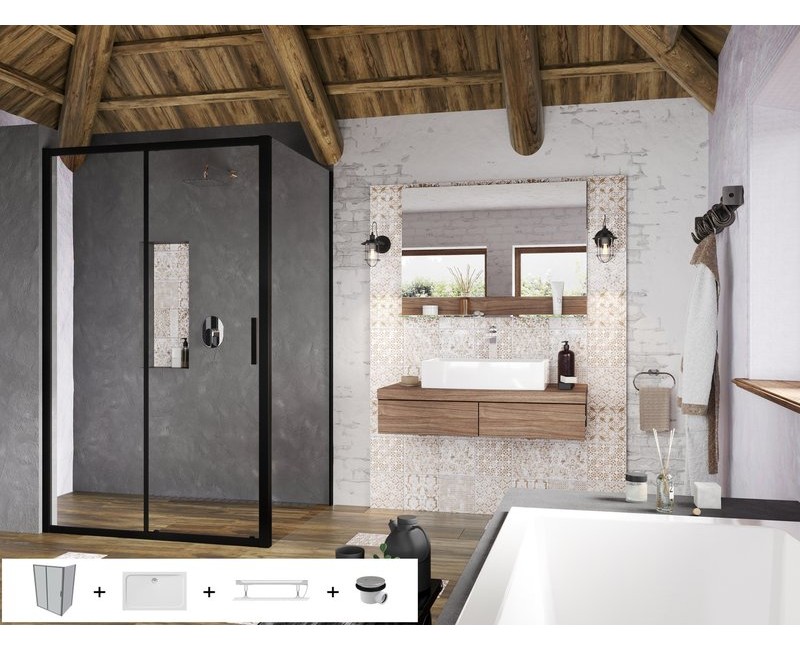 Dušas kabīnes komplekts RAVAK SET15 BLSDP2-120 Kreisā puse, Caurspīdīgs stikls, Melni Profili