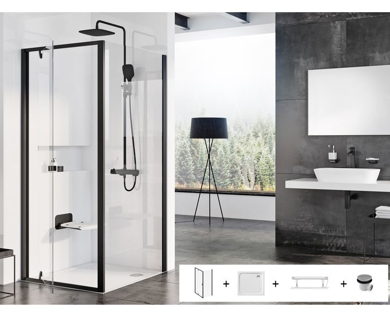 Dušas kabīnes komplekts RAVAK SET19 PDOP1-90 Caurspīdīgs stikls, Melni Profili