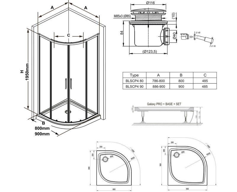 Комплект для душевой кабины RAVAK SET6 BLSCP4-80 Прозрачное стекло, Хромированные профили