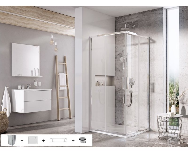 Dušas kabīnes komplekts RAVAK SET8 BLSRV2-80 Caurspīdīgs stikls, Hromēti profili