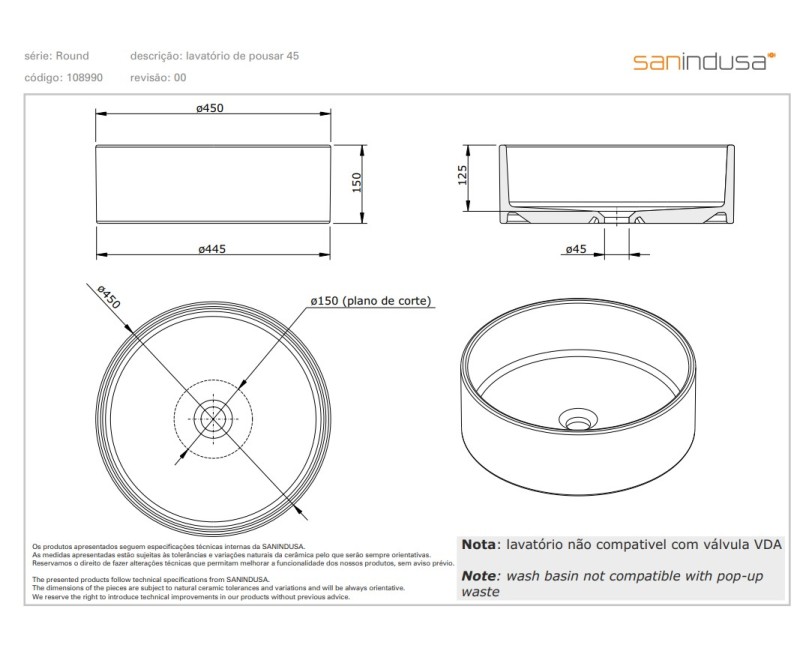 Vannas istabas izlietne Sanindusa Round ø45 Balta/Melna matēta