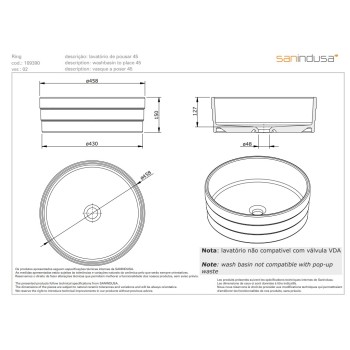 Раковина для ванной Sanindusa RING Белый/Золотой