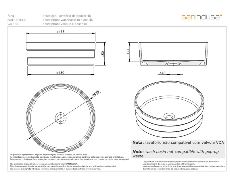 Раковина для ванной Sanindusa RING Белый/Золотой