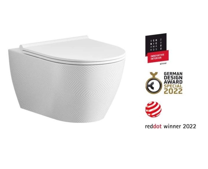 Piekaramais Tualetes Pods Sanindusa SANLIFE Rimfree ar Soft Close clipoff vāku Balts Matēts Teksturēts