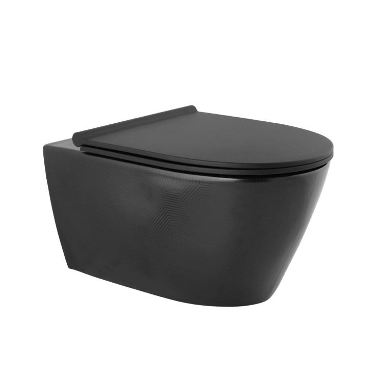 Piekaramais Tualetes Pods Sanindusa SANLIFE Rimfree ar Soft Close clipoff vāku Melns Matēts Teksturēts Piekaramais Tualetes Pods Sanindusa SANLIFE Rimfree ar Soft Close clipoff vāku Melns Matēts Teksturēts