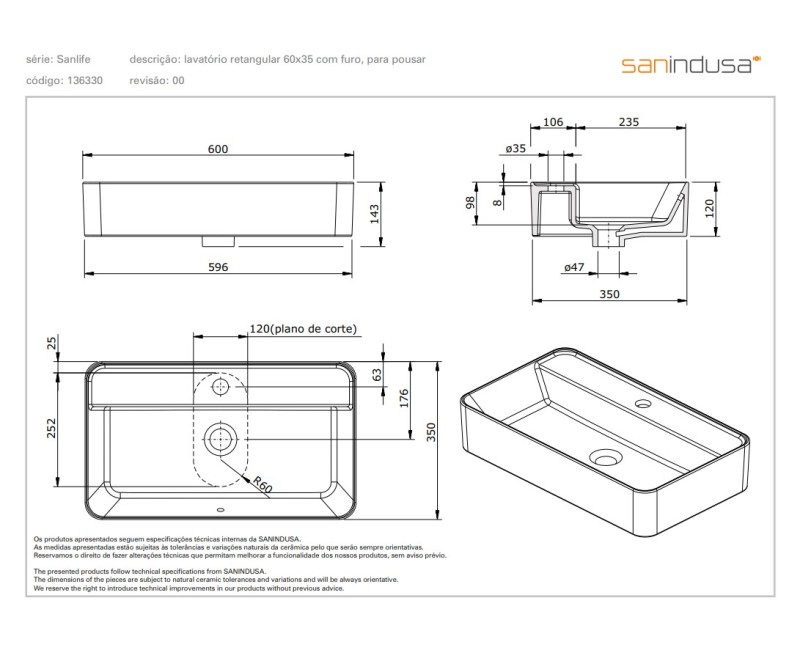 Раковина для ванной Sanindusa Sanlife 60x35см Белый