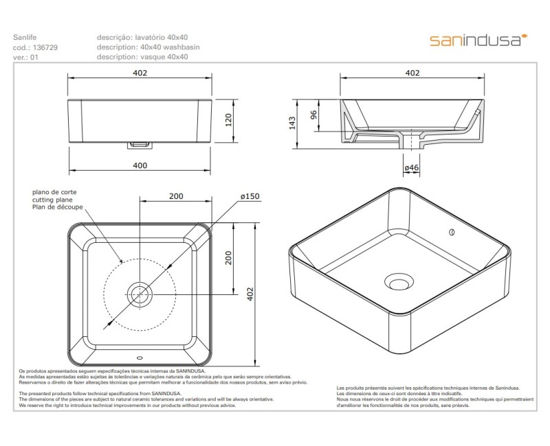 Vannas istabas izlietne Sanindusa Sanlife 40x40cm ar pārplūdi Balta
