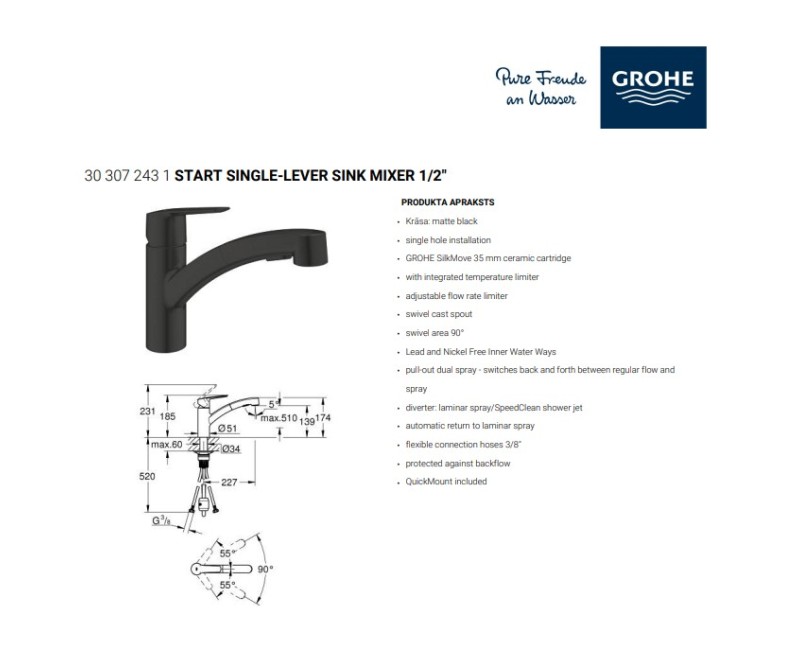 Vitrtuves maisītājs Grohe  ar izvelkamo dušu Start, matēts melns