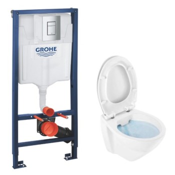 Комплект для унитаза, рама Grohe Rapid SL с унитазом Cetus 52 Rimfree, крышкой Soft Close easyclip, хром кнопкой Skate Cosmopolitan