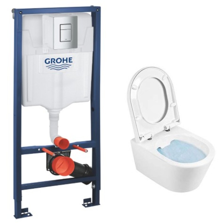 Tualetes poda komplekts Grohe Rapid SL ar Sanindusa Urb.y 48 Rimfree podu ar Soft Close Easyclip Slim vāku, Hromētu poga Skate Cosmopolitan