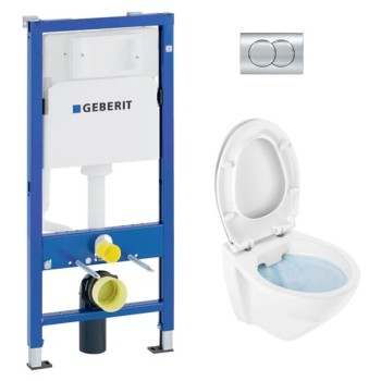 Tualetes poda komplekts Geberit Duofix  ar Sanindusa Cetus 52 Rimfree podu, Soft Close easyclip vāks, Hromētu poga Delta01