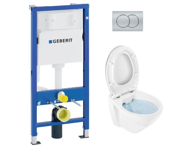 Комплект для унитаза, рама Geberit Duofix с унитазом Sanindusa Cetus 52 Rimfree, крышкой Soft Close easyclip, хром матовой кнопкой Delta01