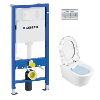 Tualetes poda komplekts Geberit Duofix  ar Urb.y 48 Rimfree podu ar Soft Close Easyclip Slim vāku, Hromētu poga Delta01