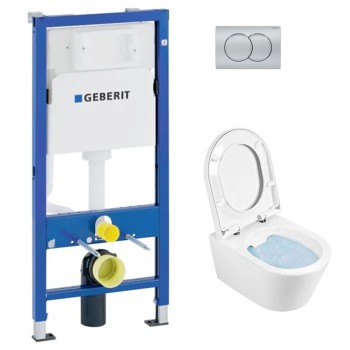 Tualetes poda komplekts Geberit Duofix  ar Urb.y 48 Rimfree podu ar Soft Close Easyclip Slim vāku, Hromētu matētu poga Delta01