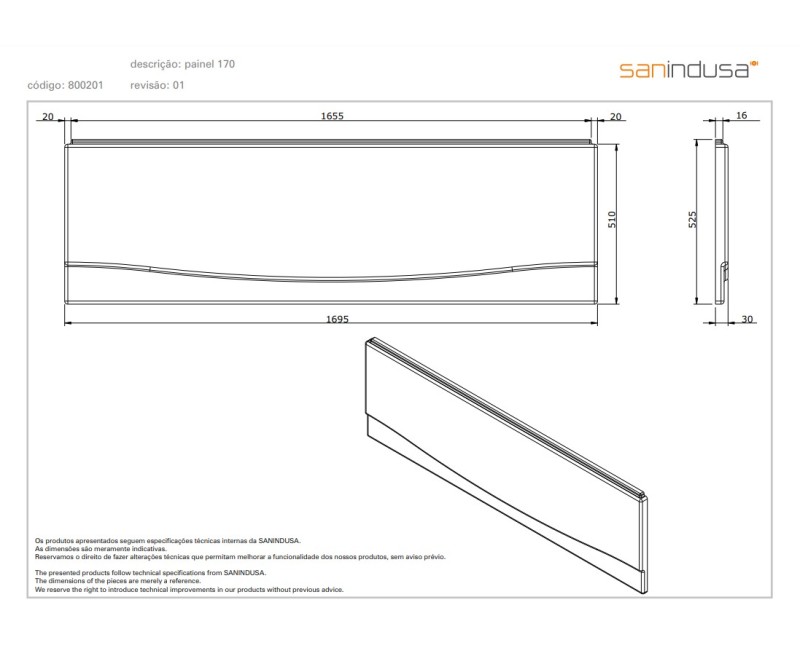Vannas panelis Sanindusa 170cm Balts