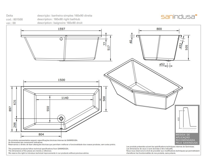 Vanna sanindusa Delta 160x90 Labā ar kājām Balta