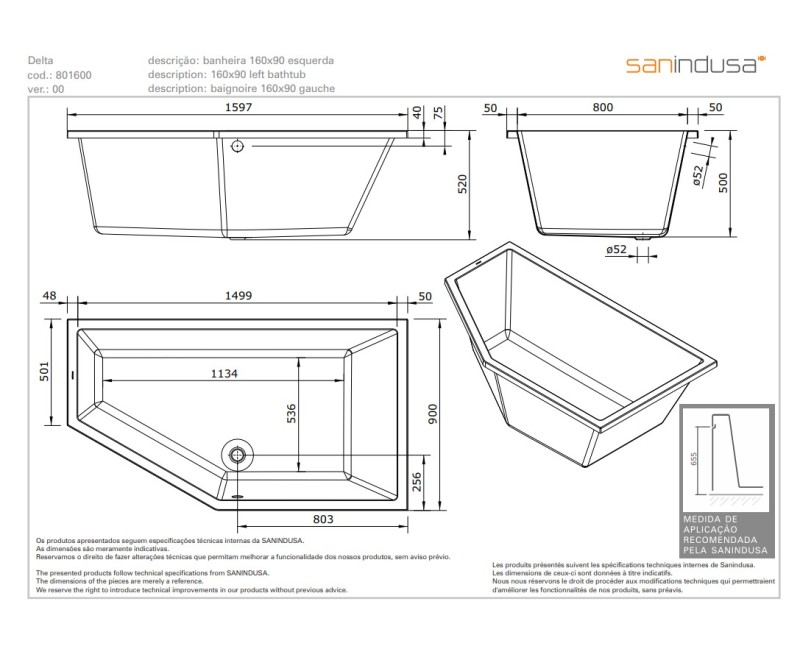 Vanna sanindusa Delta 160x90 Kreisā ar kājām Balta