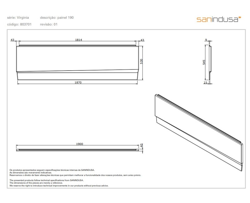 Vannas panelis Sanindusa 190cm Balts