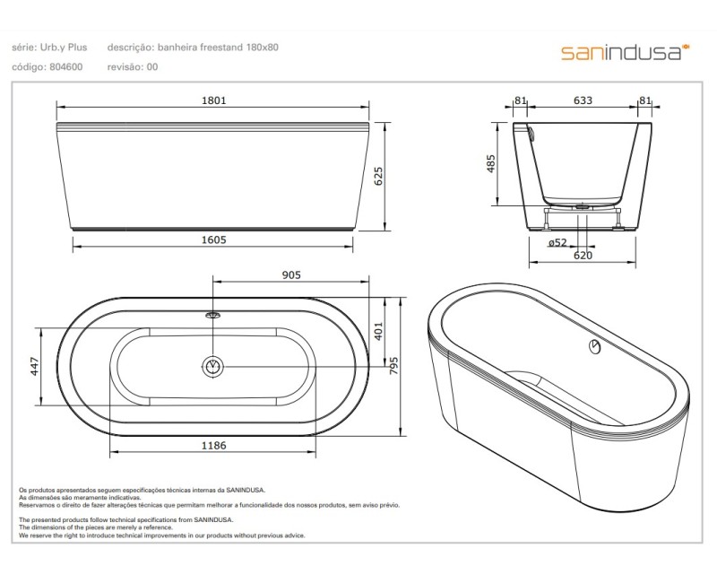 Vanna Sanindusa Urb.y 180x80cm Brīvi stāvošā Balta