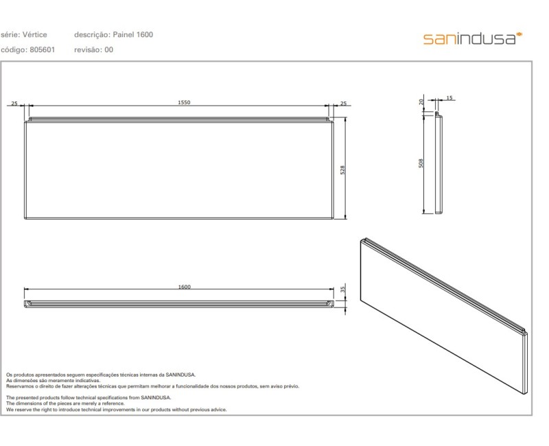 Vannas Panelis  Sanindusa Vertice 160 Balts