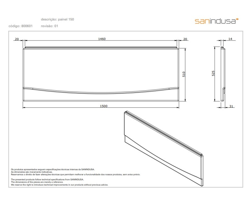 Vannas panelis Sanindusa 150cm Balts