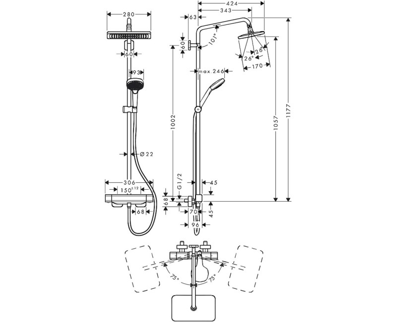 Dušas sistēma Hansgrohe Croma E 280 1jet ar termostatu, hroms