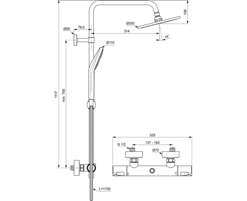 Душевая система Ideal Standard Душевая система Ceratherm T50 с термостатом