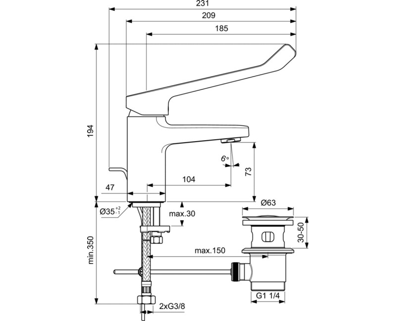 Смеситель для раковины для ванной комнаты Ideal Standard Ceraplan с выдвижным сливом, для людей с особыми потребностями