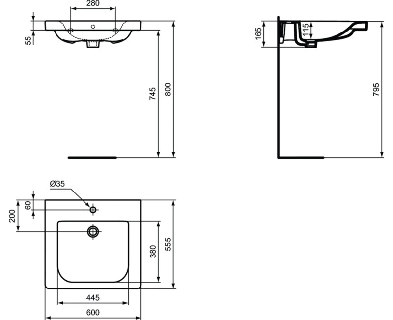 Vannas istabas izlietne Ideal Standard Connect Freedom, 600x555x165mm (h), cilvēkiem ar īpašām vajadzībām