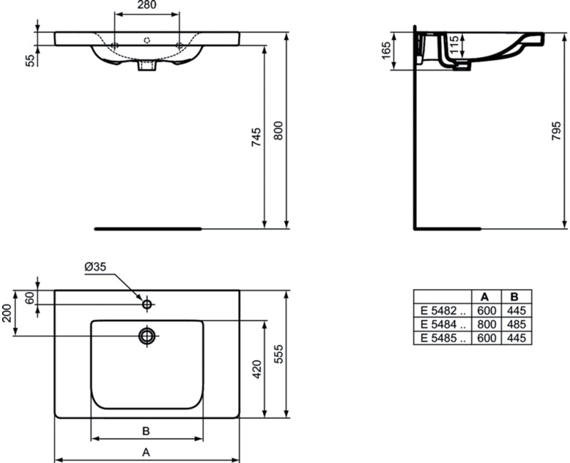Раковина для ванной Ideal Standard Connect Freedom, 800х555х165мм (в), для людей с особыми потребностями