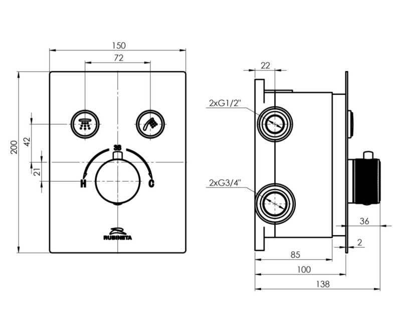 Смеситель для воды встраиваемый Rubineta Thermo-2F-OLO (SQ)