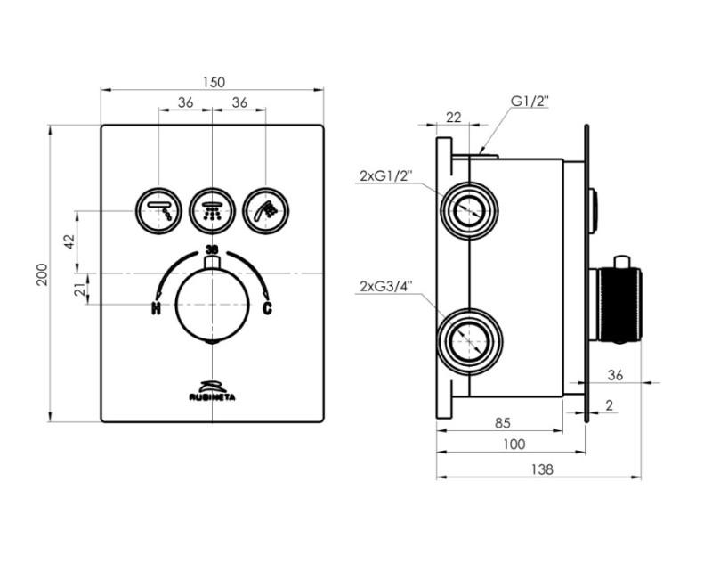 Встраиваемый смеситель для воды Rubineta Thermo-3F-OLO (SQ)