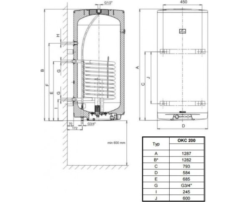 Kombinētais ūdens sildītājs (Boilers) Dražice OKC-200L 2,2kW 9kW vertikāls