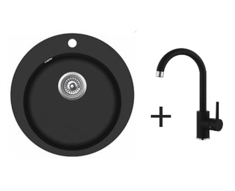 Granīta virtuves izlietne AQUASANITA 505x505 BLACK + Virtuves maisītājs 5523 Black Metalic