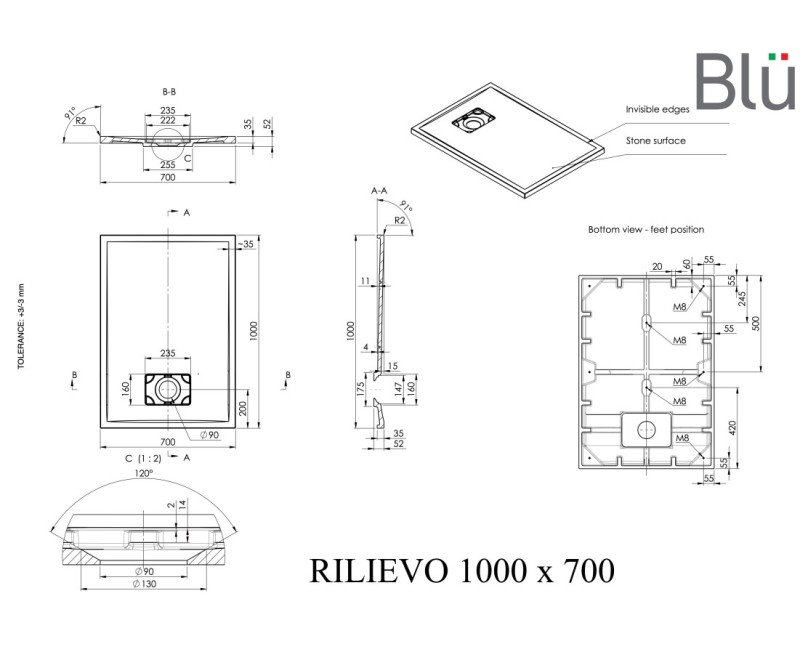 Dušas paliktnis BLU Rilievo Rect Taisnstūra 100x70cm