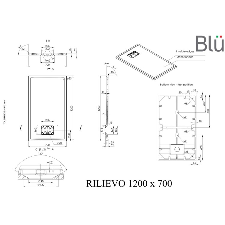 Dušas paliktnis BLU Rilievo Rect 120x70cm Dušas paliktnis BLU Rilievo Rect 120x70cm