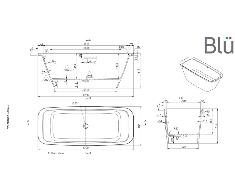 Ванна из каменной массы BLU Aries (с переливом) 170х70см