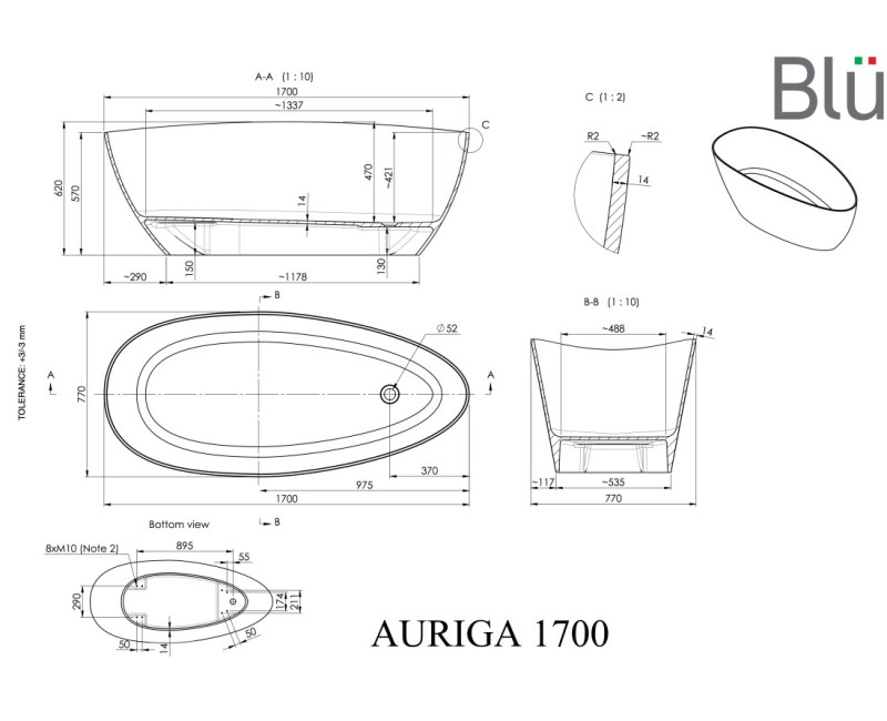 Akmens masas vanna BLU Auriga 170x 77cm