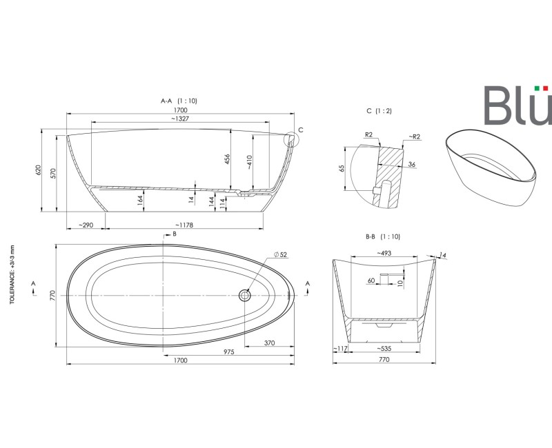 Akmens masas vanna BLU Auriga (ar pārplūdi) 170x 77cm
