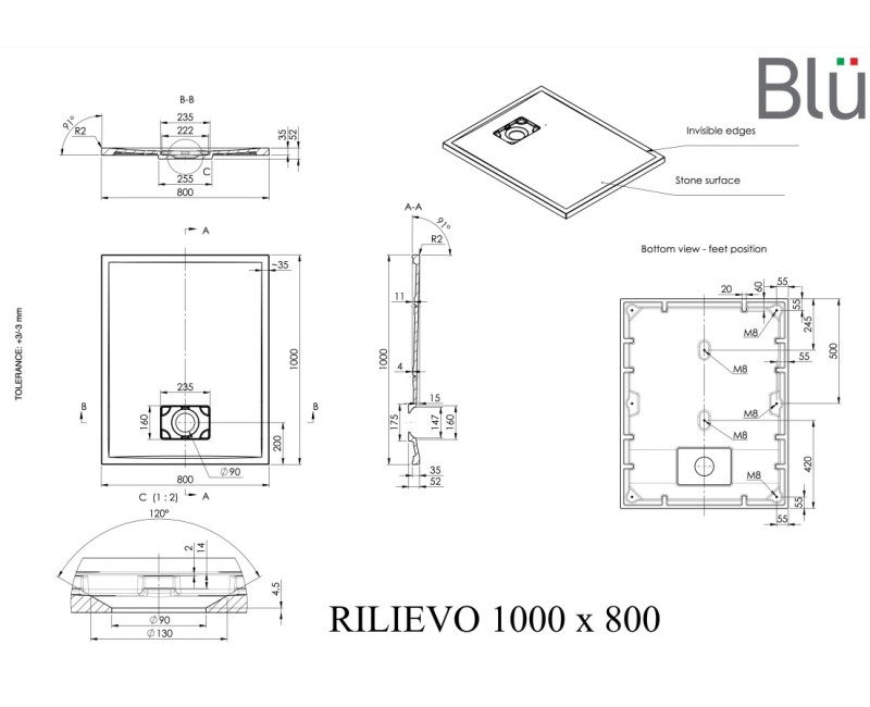 Dušas paliktnis BLU Rilievo Rect Taisnstūra 100x80cm