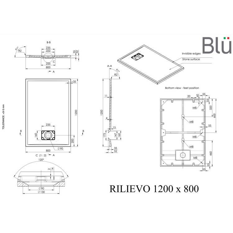 Dušas paliktnis BLU Rilievo Rect 120x80cm