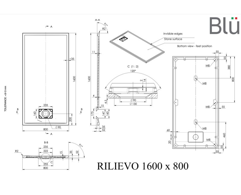 Душевой поддон BLU Rilievo Rect Прямоугольный 160x80см