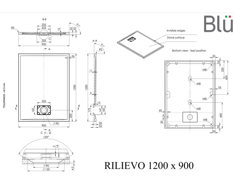 Dušas paliktnis BLU Rilievo Rect Taisnstūra 120x90cm
