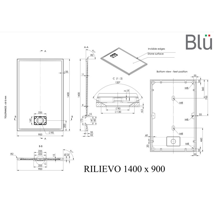 Dušas paliktnis BLU Rilievo Rect 140x90cm Dušas paliktnis BLU Rilievo Rect 140x90cm